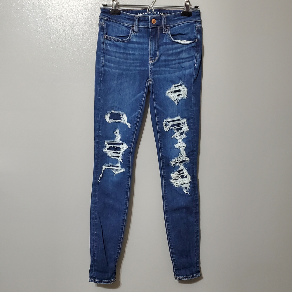 American Eagle Distressed Ripped Blue Skinny Jeans Jegging Size 2 Long